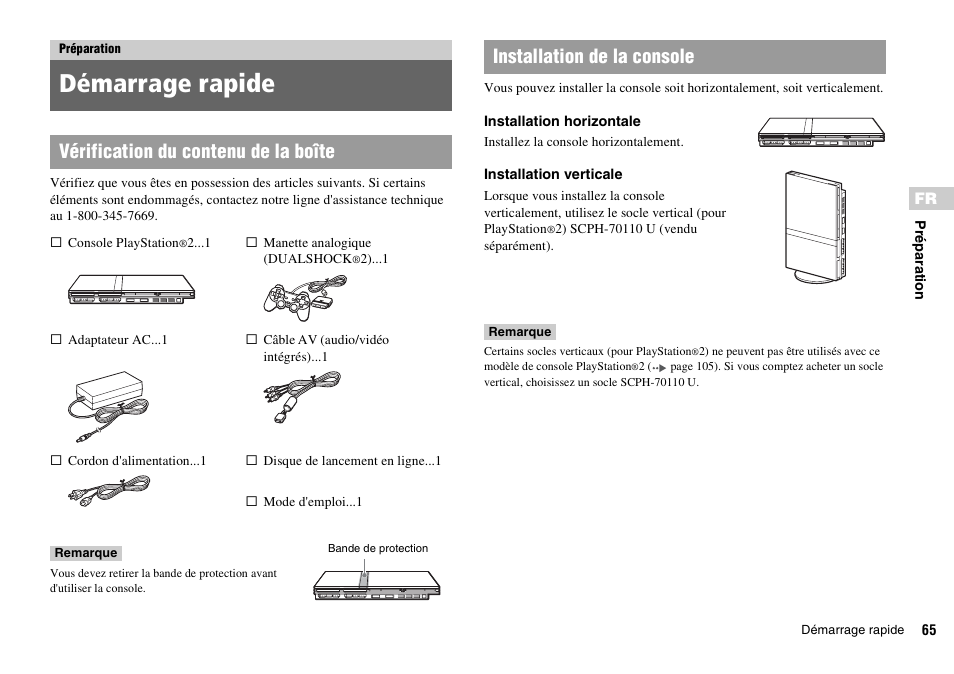 Préparation, Démarrage rapide, Vérification du contenu de la boîte | Installation de la console | Sony SCPH-70011 User Manual | Page 65 / 172