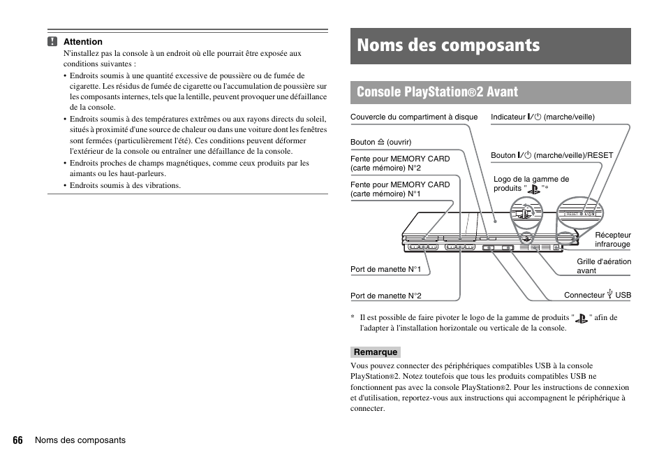 Noms des composants, Console playstation, 2 avant | Sony SCPH-70011 User Manual | Page 66 / 172