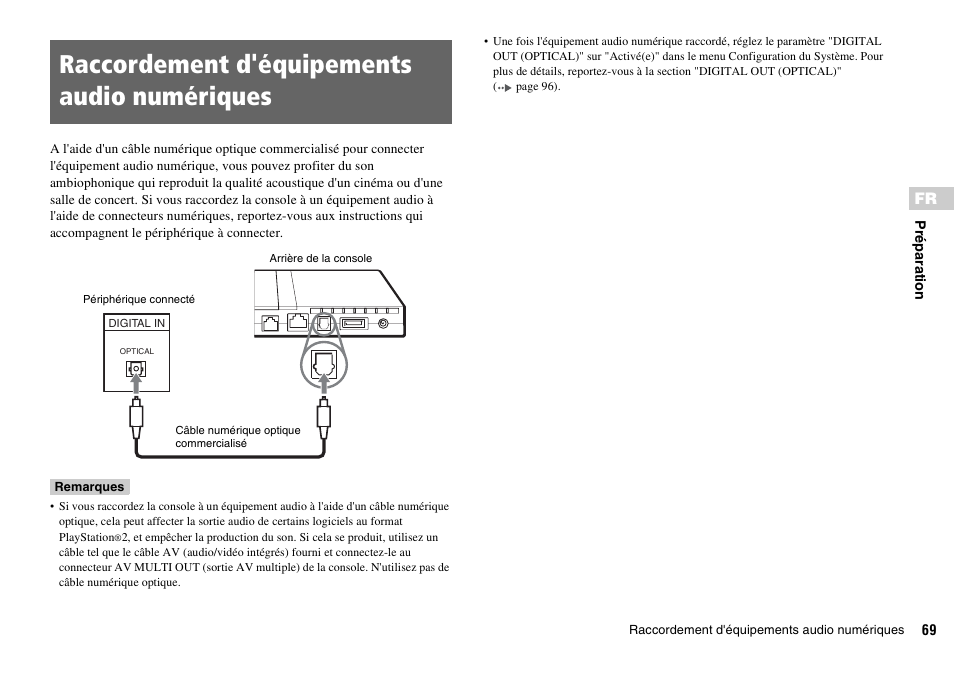 Raccordement d'équipements audio numériques | Sony SCPH-70011 User Manual | Page 69 / 172