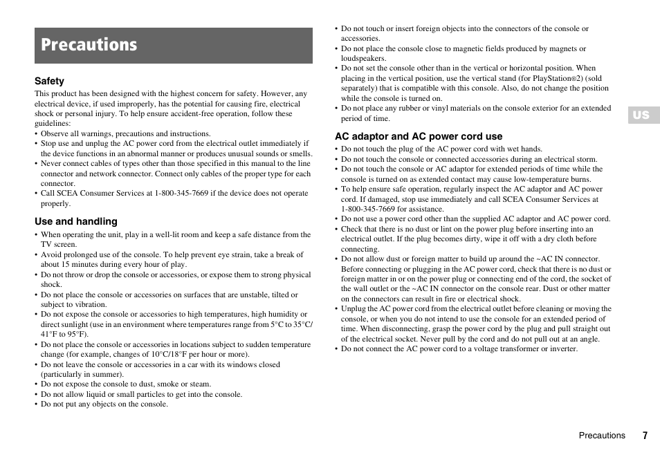 Precautions | Sony SCPH-70011 User Manual | Page 7 / 172