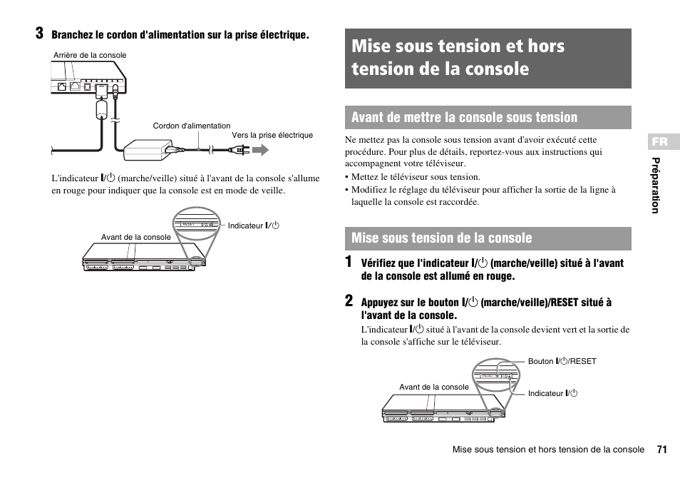 Mise sous tension et hors tension de la console | Sony SCPH-70011 User Manual | Page 71 / 172