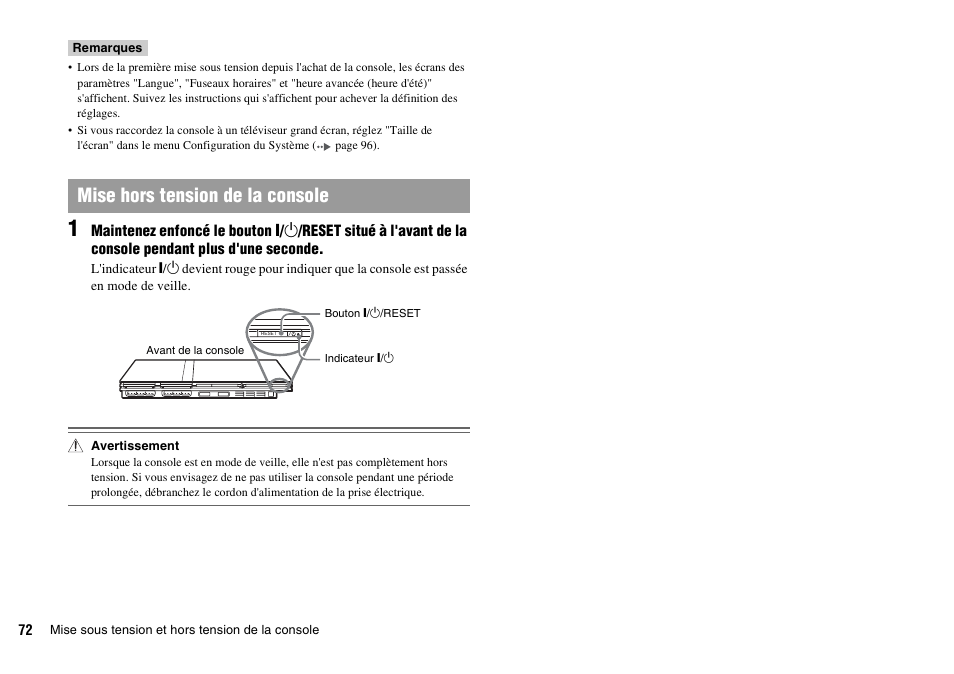 Mise hors tension de la console | Sony SCPH-70011 User Manual | Page 72 / 172