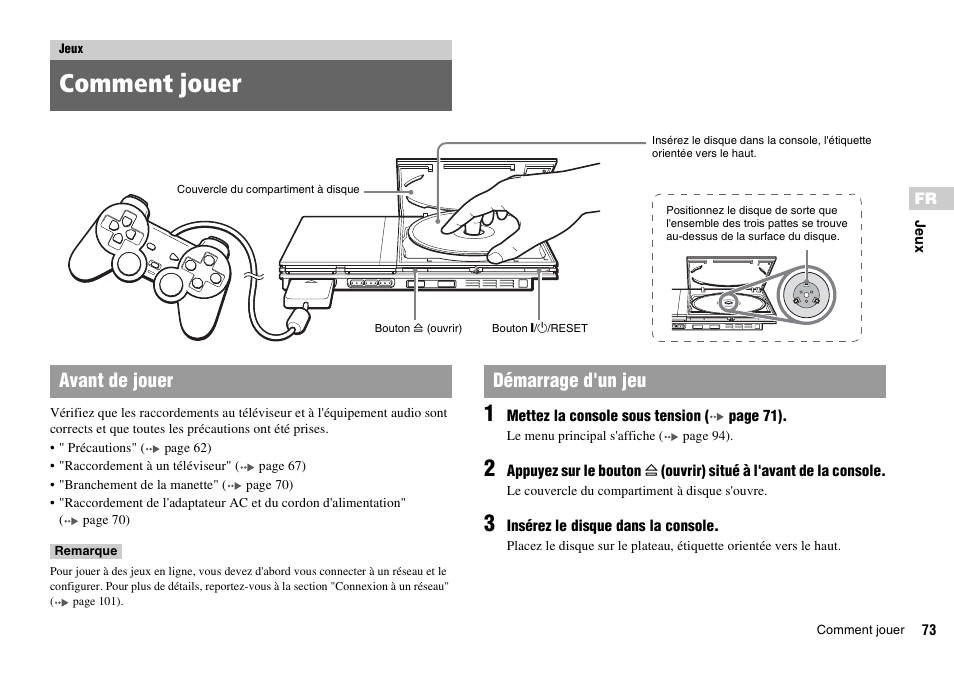 Jeux, Comment jouer, Avant de jouer démarrage d'un jeu | Sony SCPH-70011 User Manual | Page 73 / 172