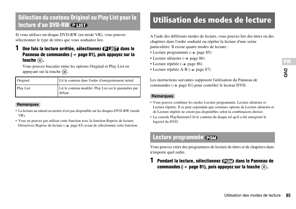 Utilisation des modes de lecture, Lecture programmée | Sony SCPH-70011 User Manual | Page 85 / 172