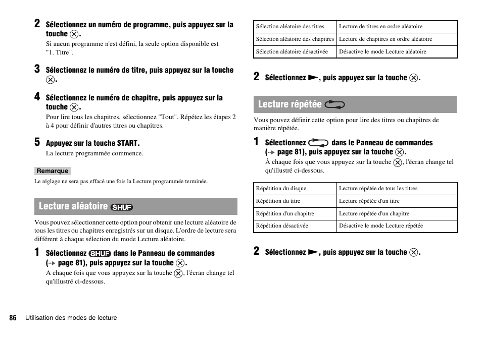 Lecture aléatoire, Lecture répétée | Sony SCPH-70011 User Manual | Page 86 / 172