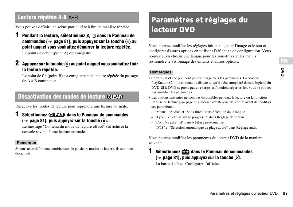 Paramètres et réglages du lecteur dvd | Sony SCPH-70011 User Manual | Page 87 / 172