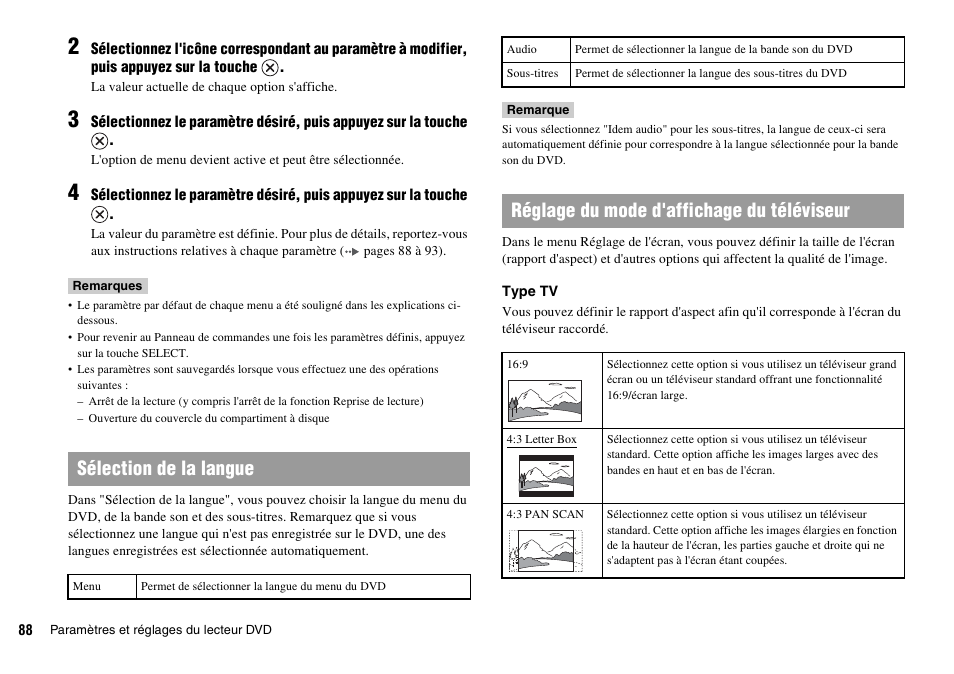 Sélection de la langue, Réglage du mode d'affichage du téléviseur | Sony SCPH-70011 User Manual | Page 88 / 172