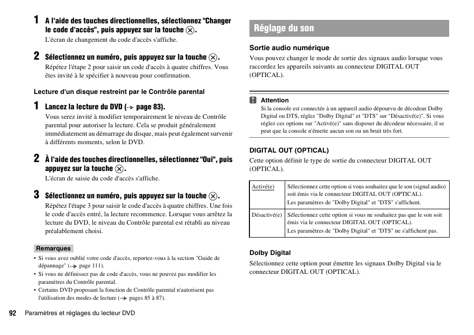 Réglage du son | Sony SCPH-70011 User Manual | Page 92 / 172