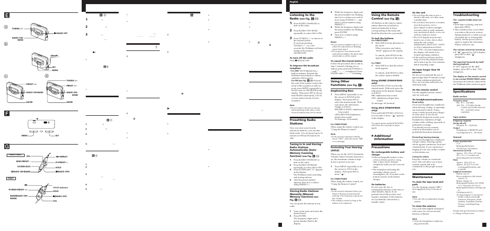 Ef g, Cd a b, Using other functions | Using the remote control, Zadditional information precautions, Maintenance, Troubleshooting, Specifications, Listening to the radio, Presetting radio stations | Sony WM-FX663 User Manual | Page 2 / 2