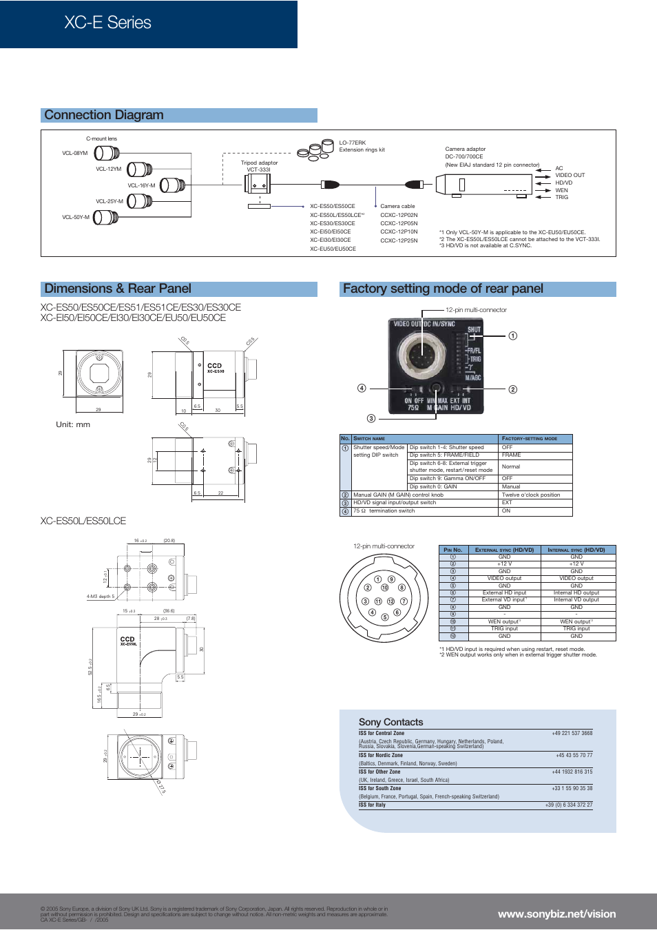 Xc-e series, Sony contacts | Sony XC-E Series User Manual | Page 4 / 4