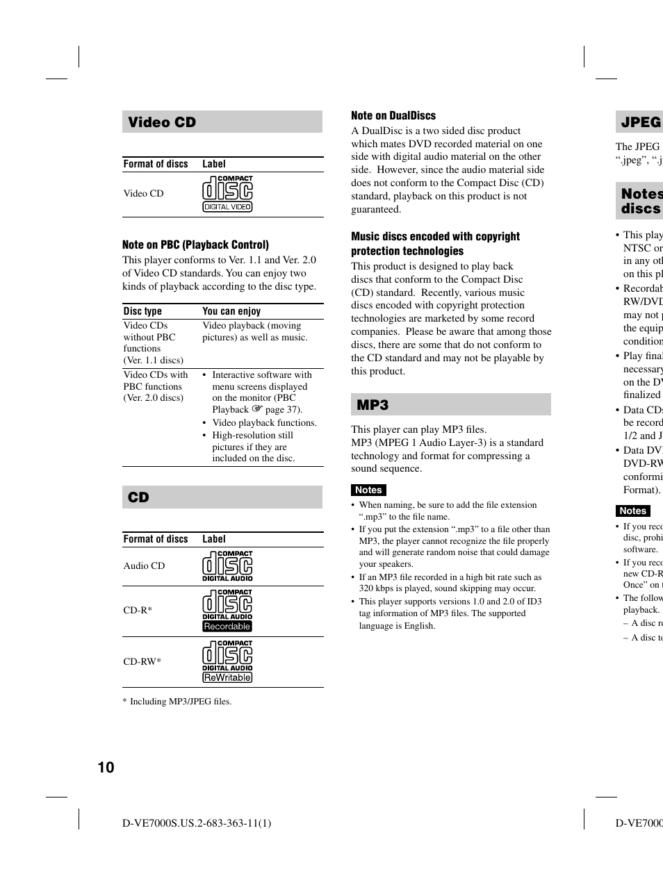 Jpeg, Video cd | Sony D-VE7000S User Manual | Page 10 / 60