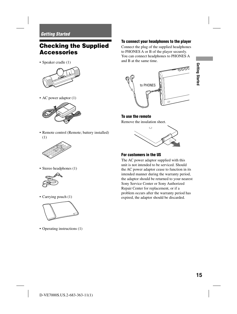 Checking the supplied accessories | Sony D-VE7000S User Manual | Page 15 / 60