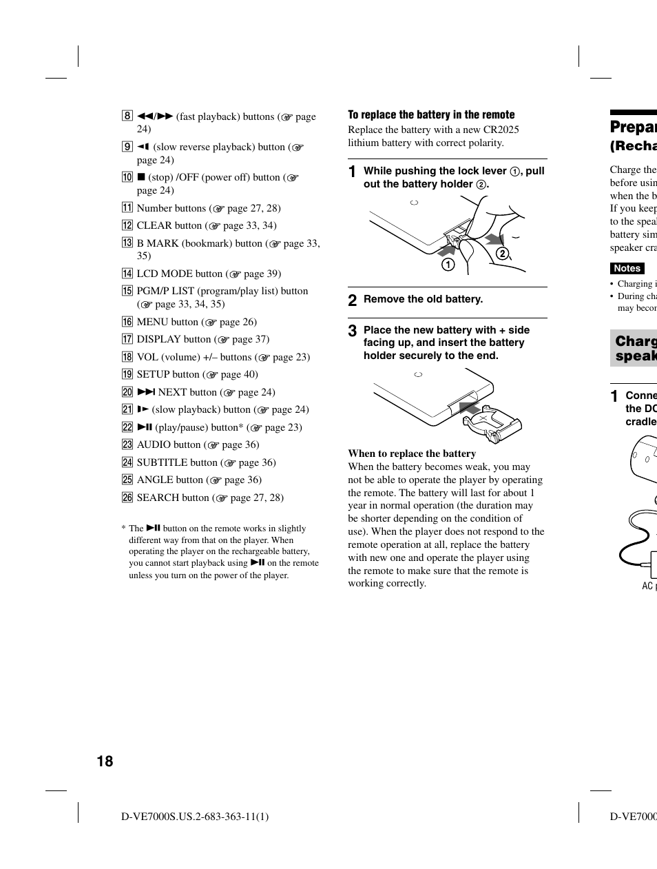 Prepar, Charg speak, Recha | Sony D-VE7000S User Manual | Page 18 / 60