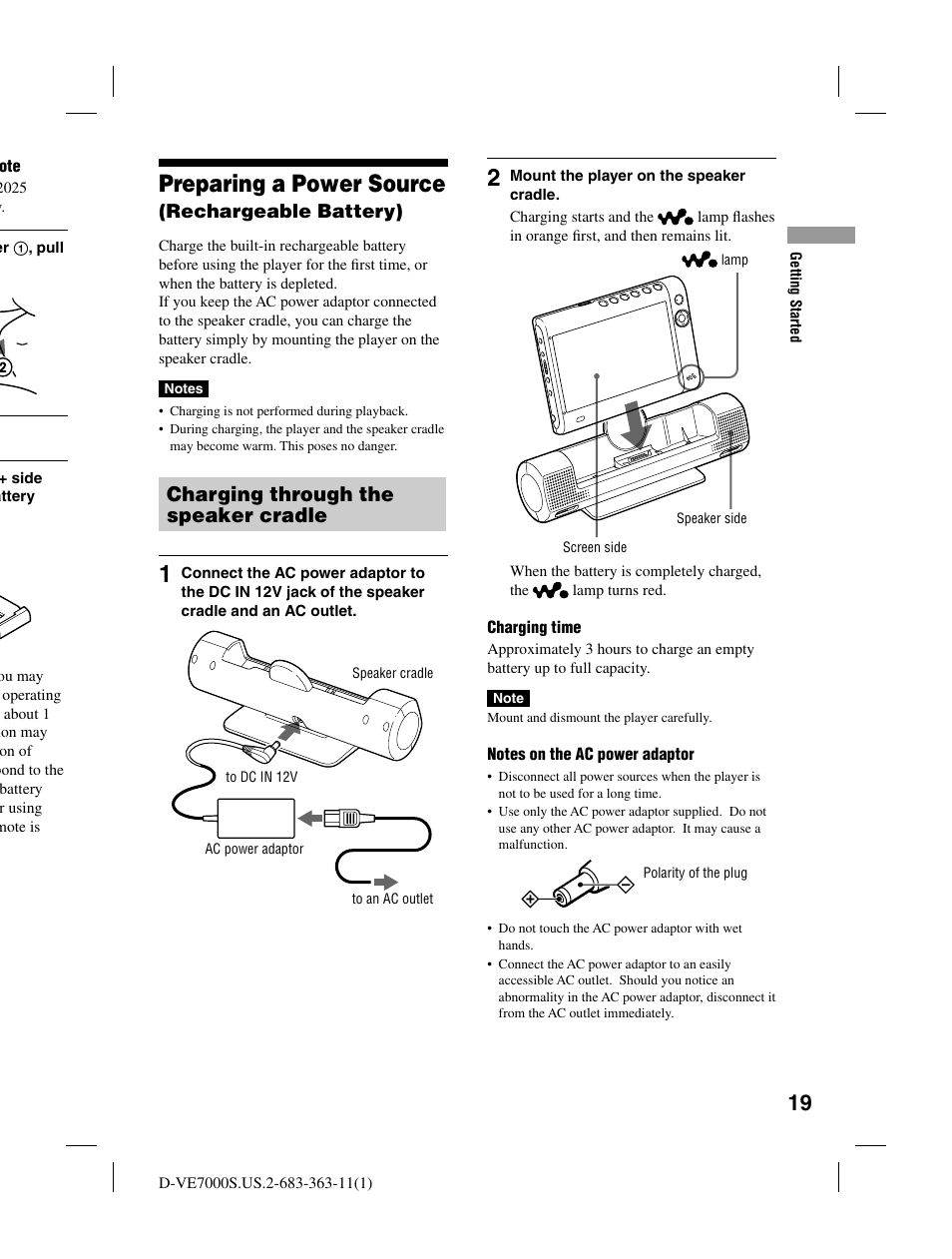 Preparing a power source, Charging through the speaker cradle, Rechargeable battery) | Sony D-VE7000S User Manual | Page 19 / 60