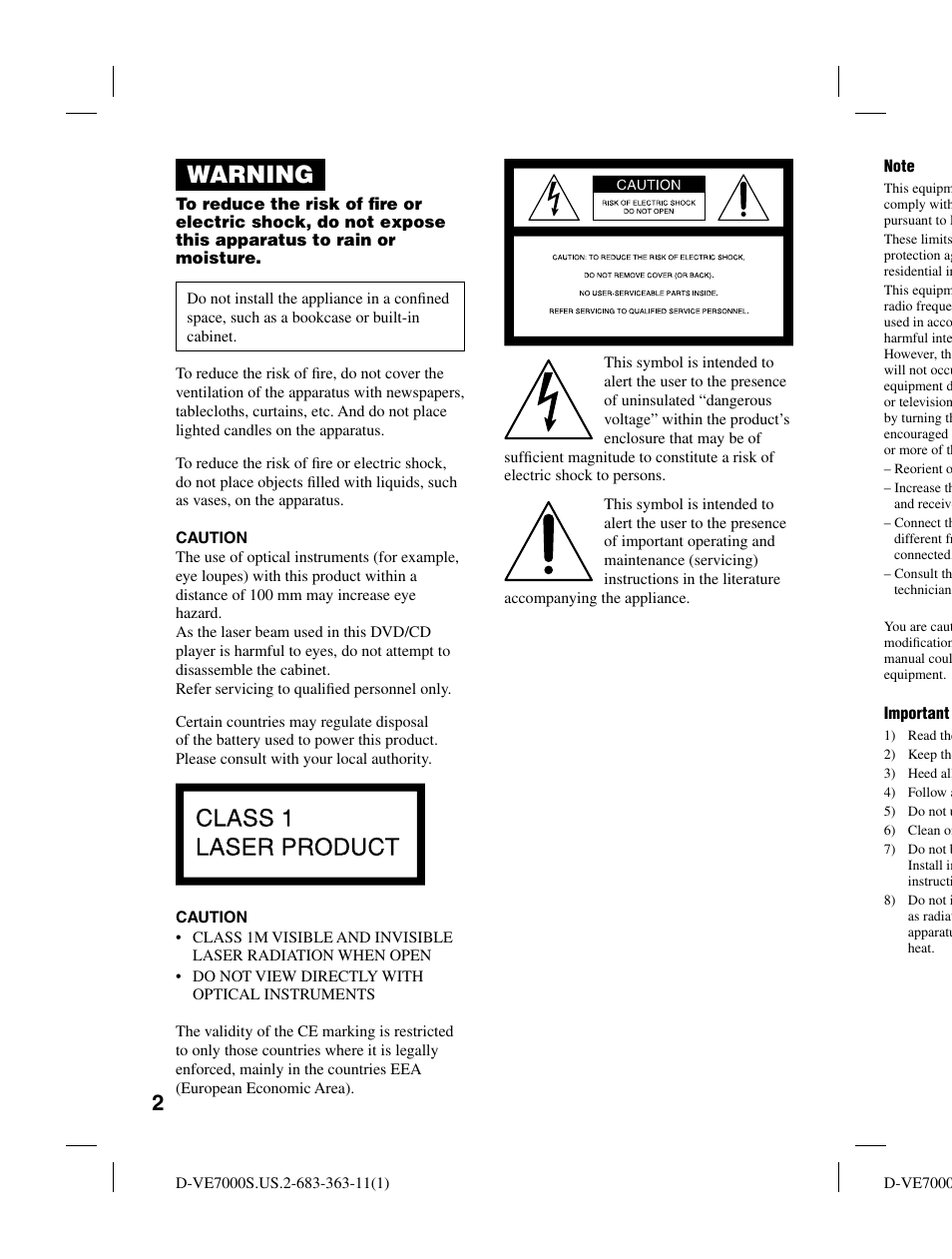 Warning | Sony D-VE7000S User Manual | Page 2 / 60