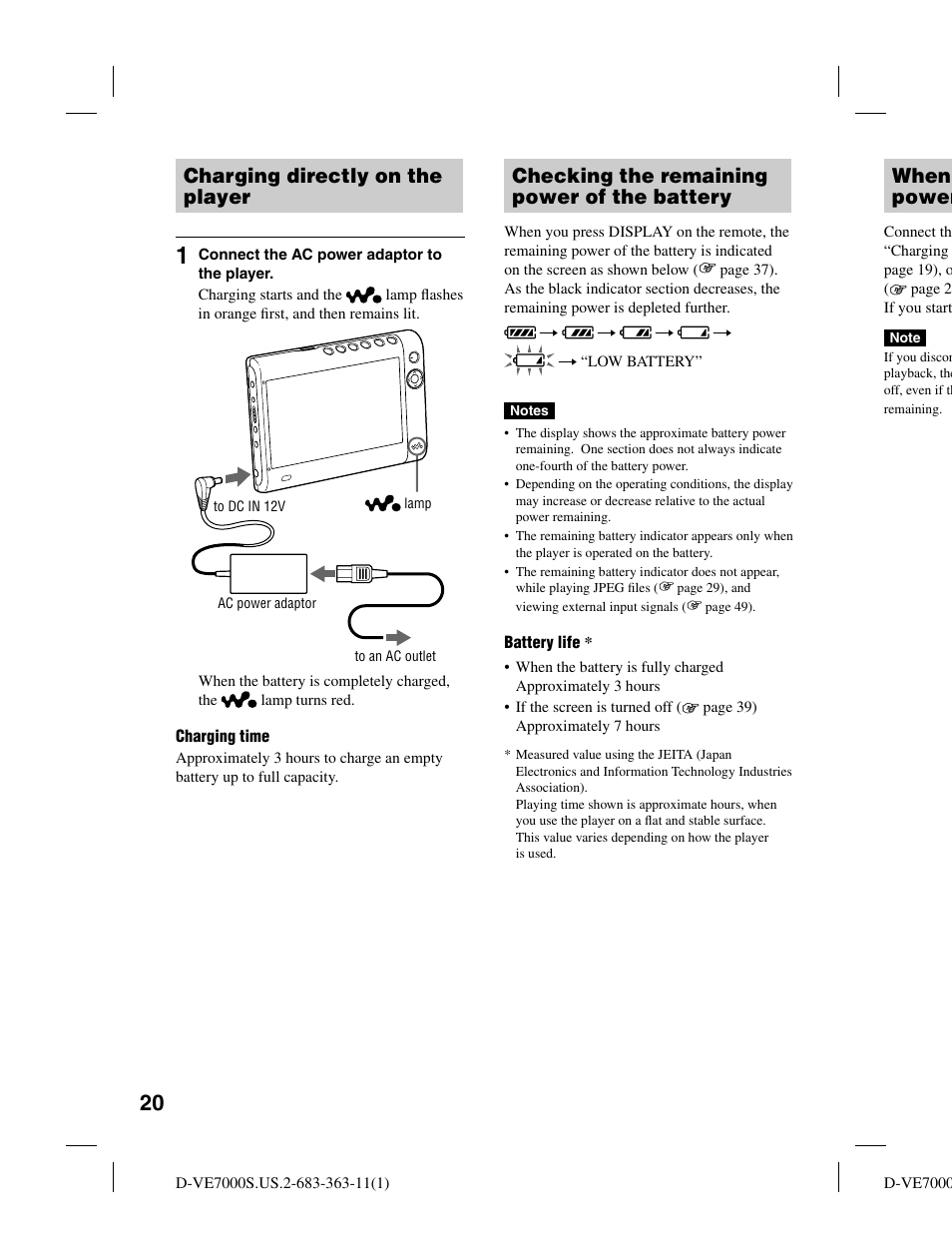 When power, Charging directly on the player, Checking the remaining power of the battery | Sony D-VE7000S User Manual | Page 20 / 60