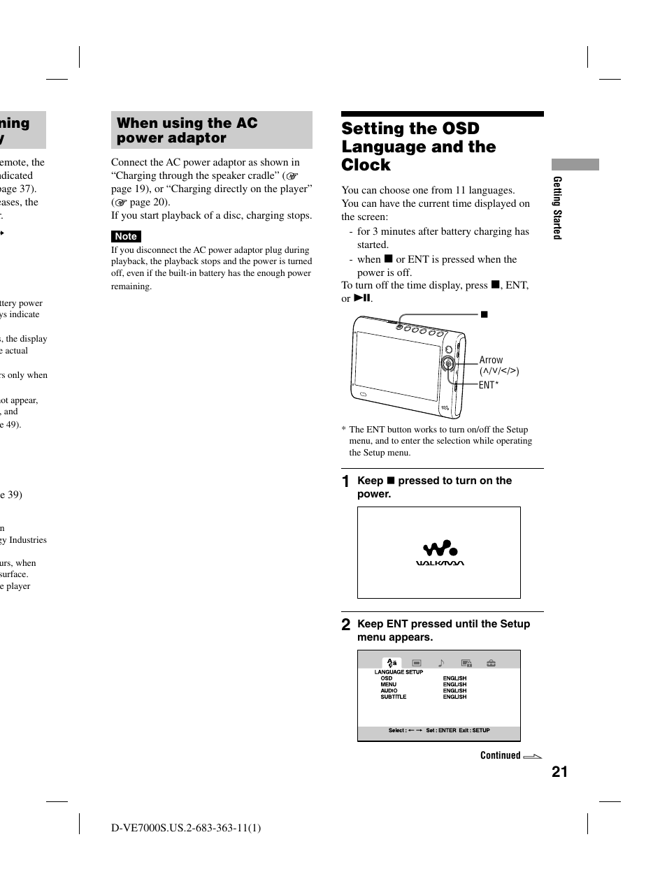 Setting the osd language and the clock, When using the ac power adaptor, Ning y | Sony D-VE7000S User Manual | Page 21 / 60