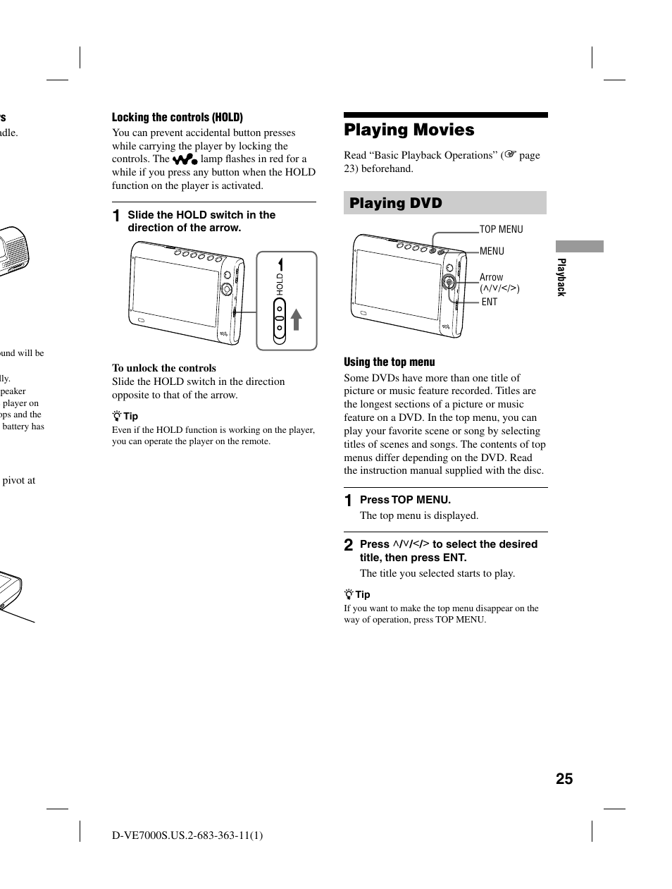 Playing movies, Playing dvd | Sony D-VE7000S User Manual | Page 25 / 60