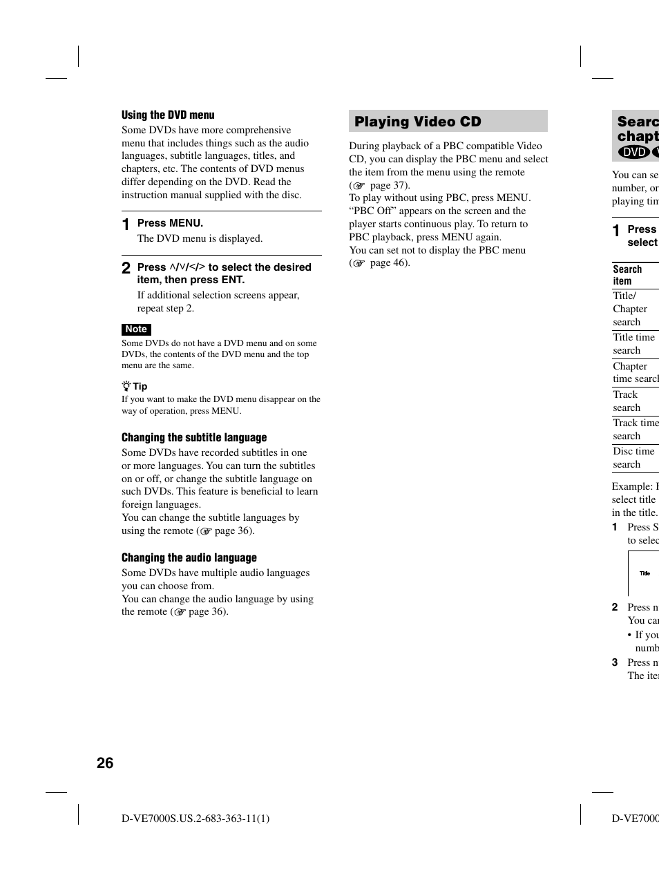 Searc chapt, Playing video cd | Sony D-VE7000S User Manual | Page 26 / 60