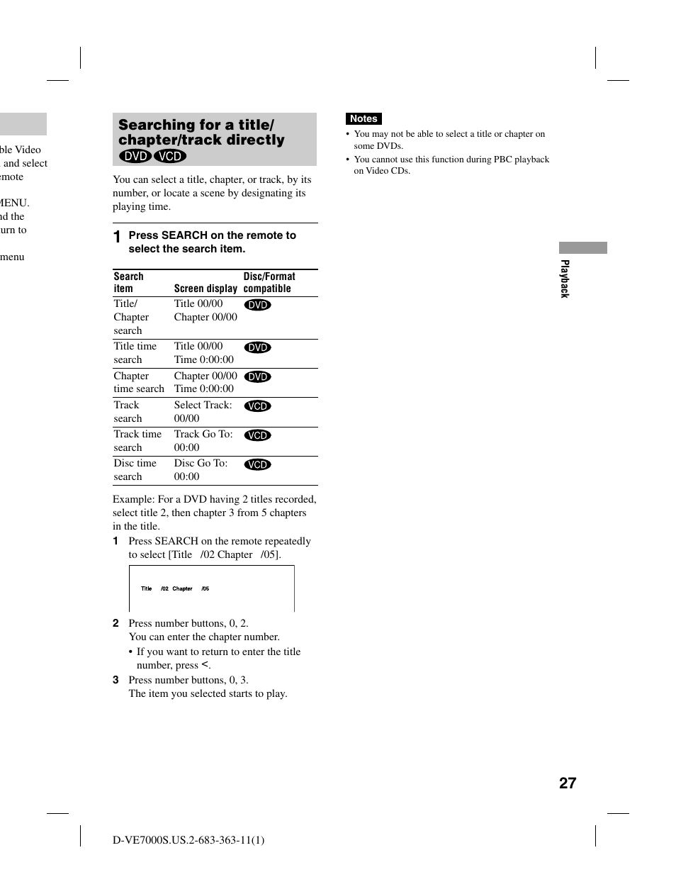 Searching for a title/ chapter/track directly | Sony D-VE7000S User Manual | Page 27 / 60