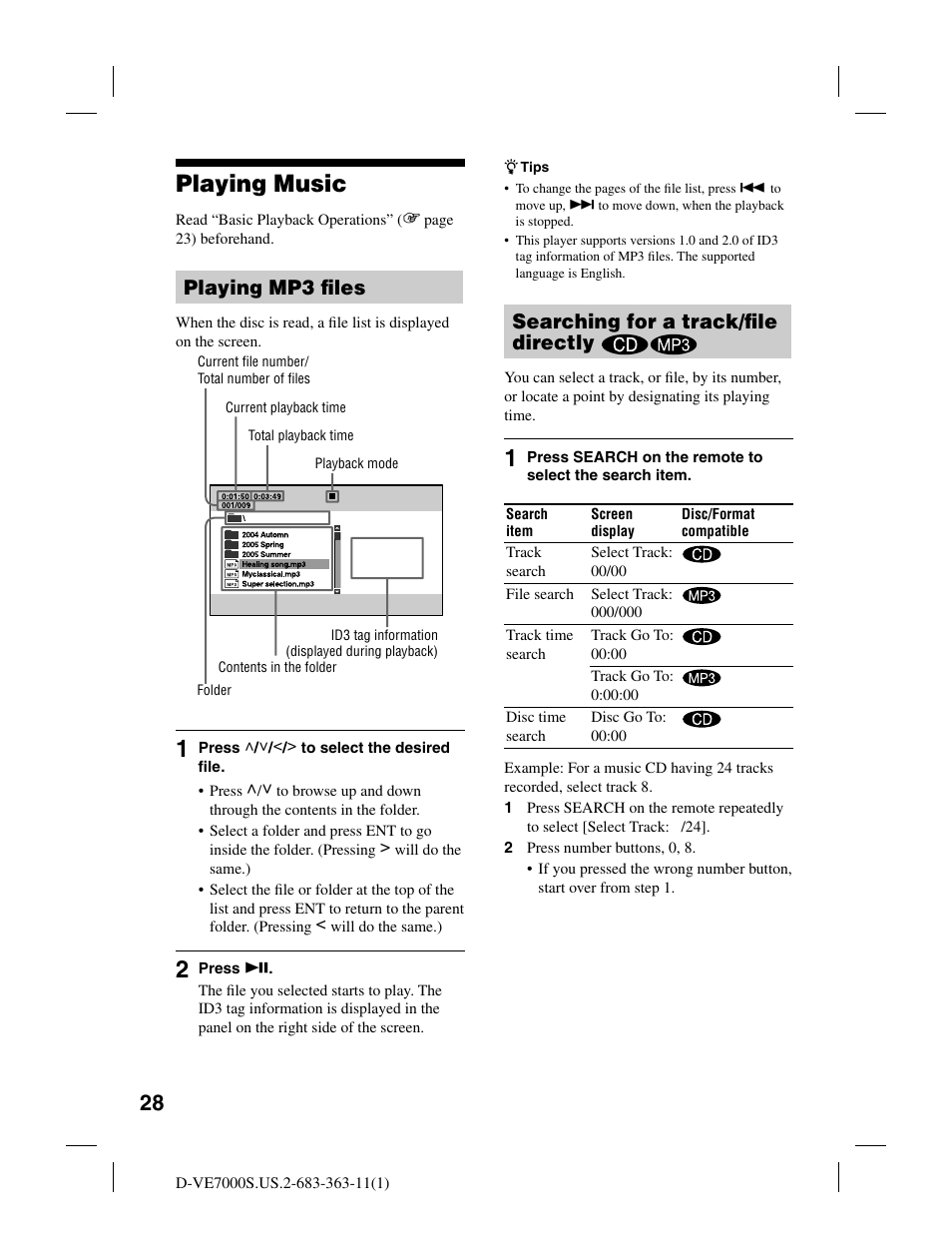 Playing music, Playing mp3 fi les, Searching for a track/fi le directly | Sony D-VE7000S User Manual | Page 28 / 60