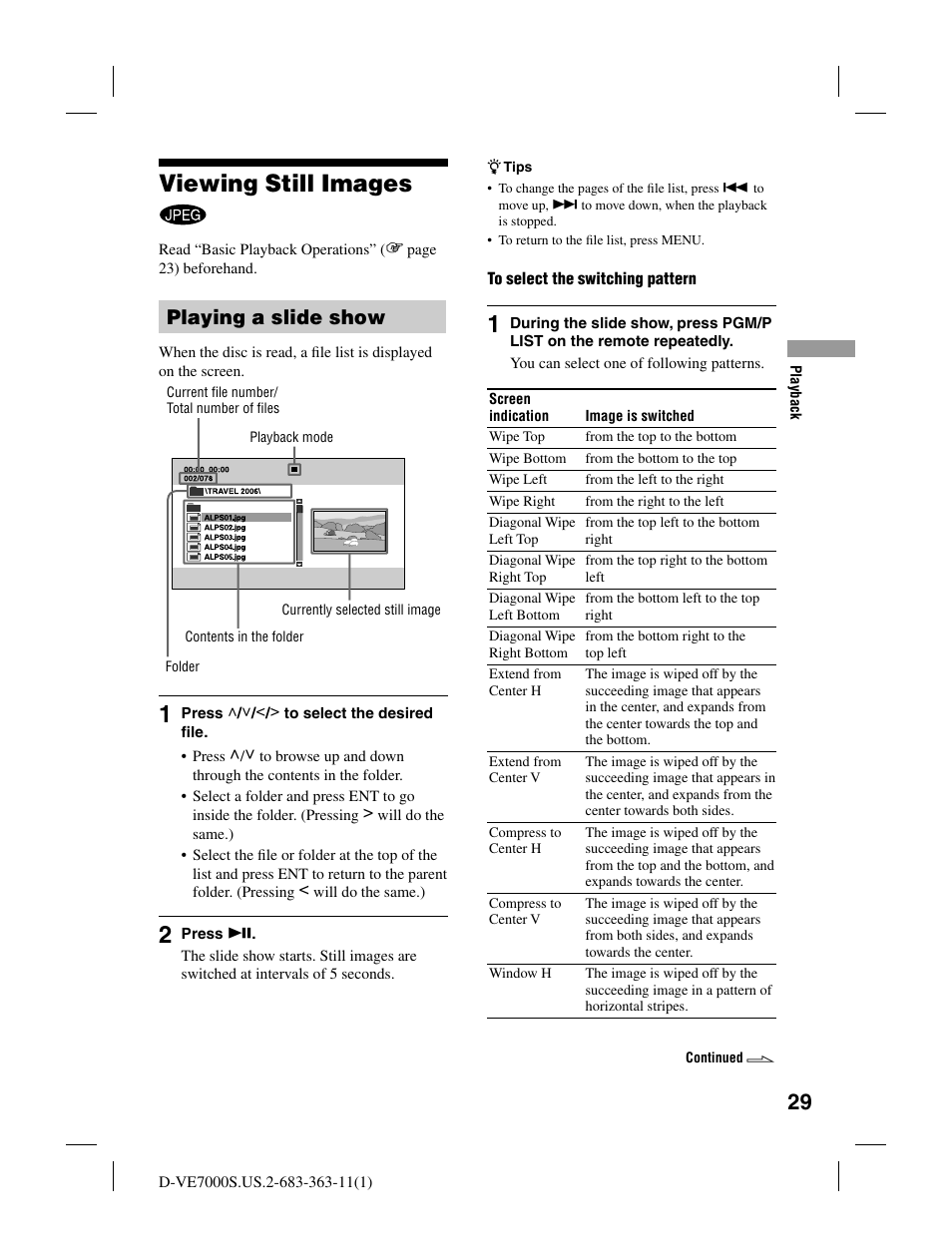 Viewing still images, Playing a slide show | Sony D-VE7000S User Manual | Page 29 / 60