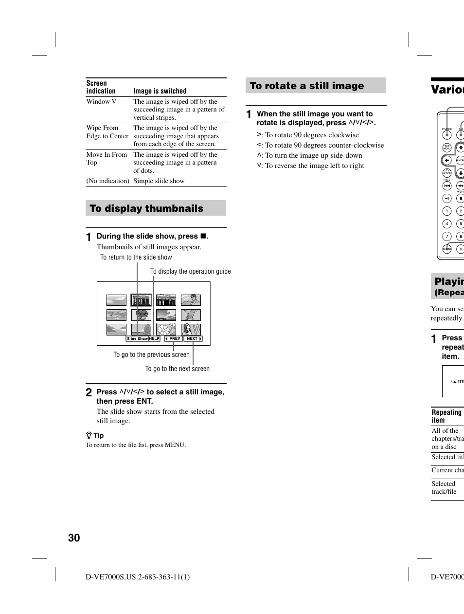 Variou, Playin | Sony D-VE7000S User Manual | Page 30 / 60