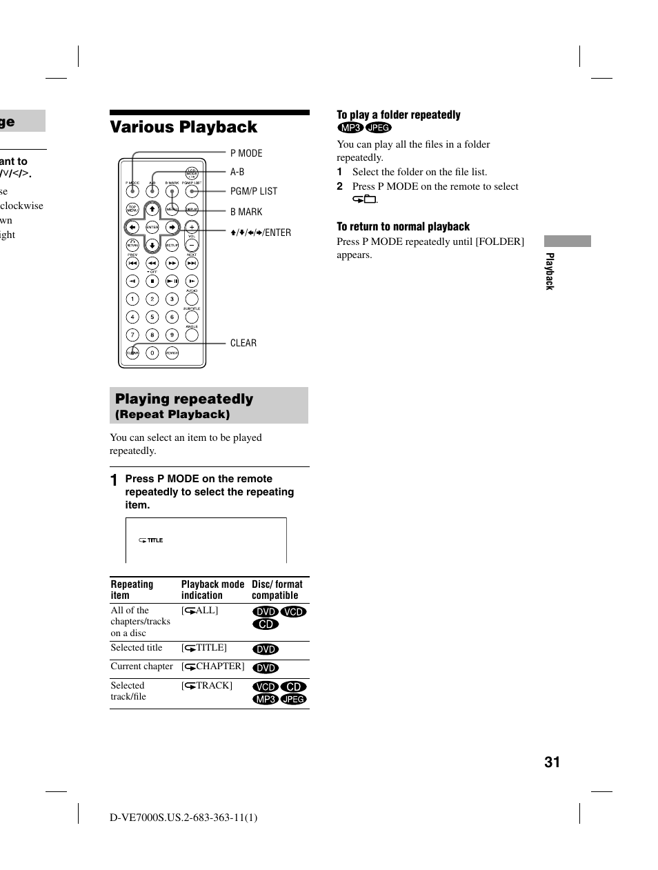 Various playback, Playing repeatedly | Sony D-VE7000S User Manual | Page 31 / 60