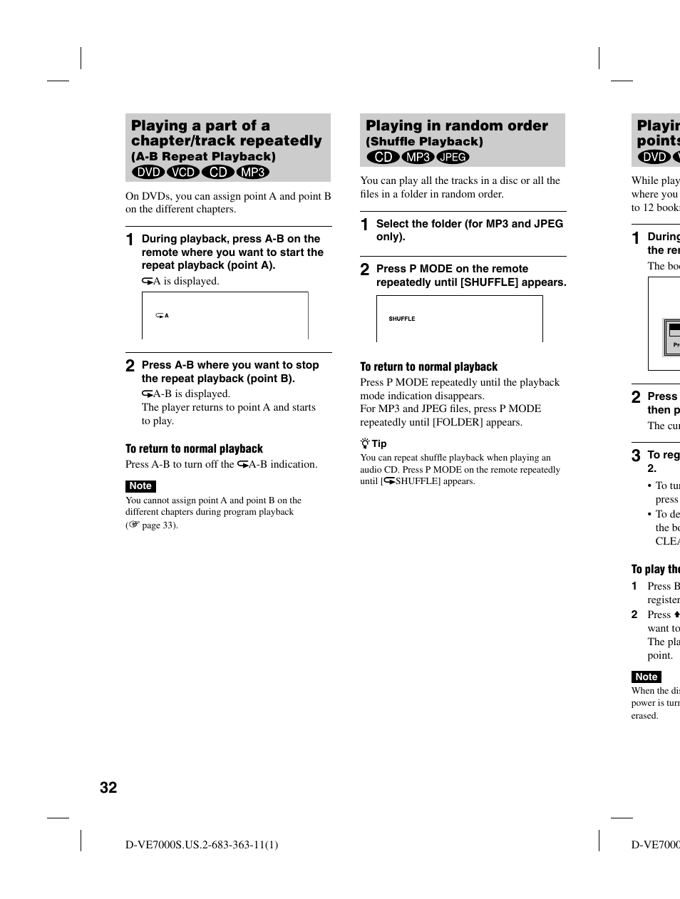 Playin points, Playing a part of a chapter/track repeatedly, Playing in random order | Sony D-VE7000S User Manual | Page 32 / 60