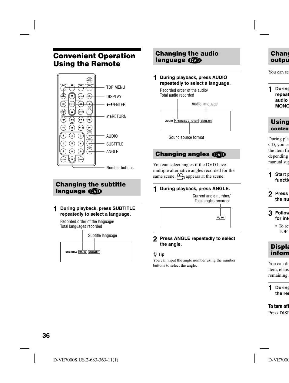 Convenient operation using the remote, Chang outpu, Using | Displa inform, Changing the subtitle language, Changing the audio language, Changing angles | Sony D-VE7000S User Manual | Page 36 / 60