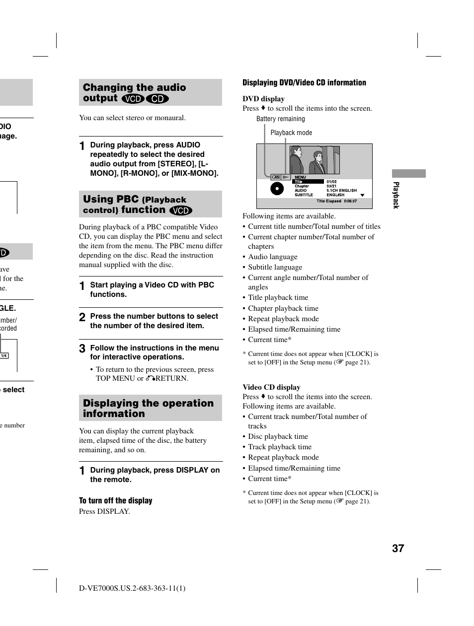 Changing the audio output, Using pbc, Function | Displaying the operation information | Sony D-VE7000S User Manual | Page 37 / 60