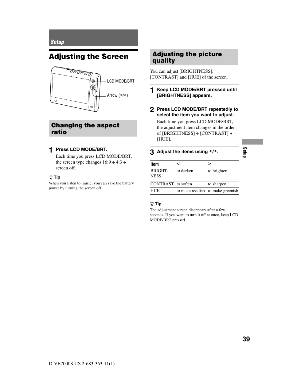 Adjusting the screen, Changing the aspect ratio, Adjusting the picture quality | Sony D-VE7000S User Manual | Page 39 / 60