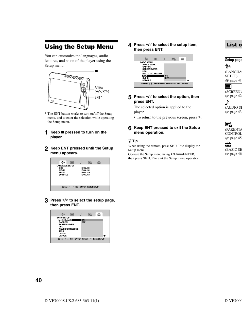 Using the setup menu, List o | Sony D-VE7000S User Manual | Page 40 / 60