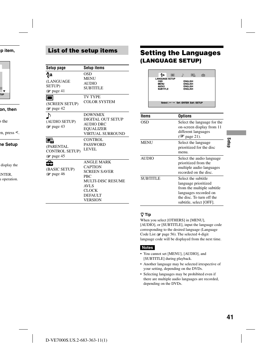 Setting the languages, List of the setup items, Language setup) | Sony D-VE7000S User Manual | Page 41 / 60