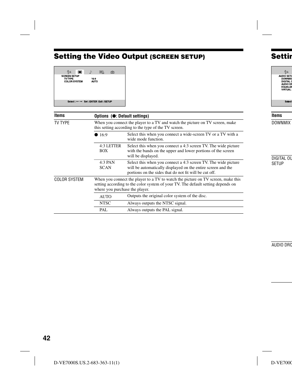 Settin, Setting the video output, Screen setup) | Sony D-VE7000S User Manual | Page 42 / 60