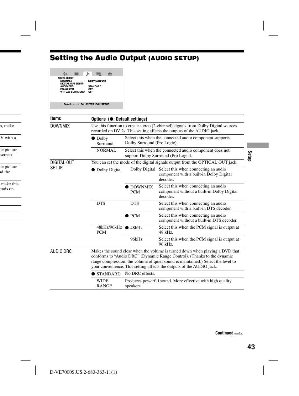 Setting the audio output, Audio setup) | Sony D-VE7000S User Manual | Page 43 / 60