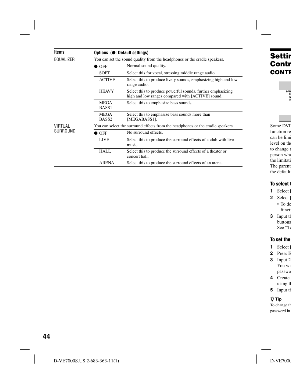 Settin contr, Contr | Sony D-VE7000S User Manual | Page 44 / 60