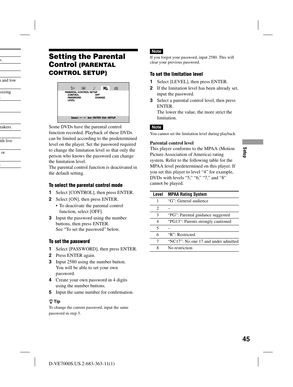 Setting the parental control, Parental control setup) | Sony D-VE7000S User Manual | Page 45 / 60