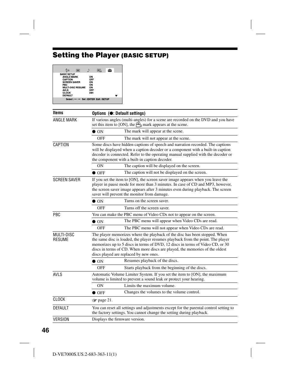 Setting the player, Basic setup) | Sony D-VE7000S User Manual | Page 46 / 60