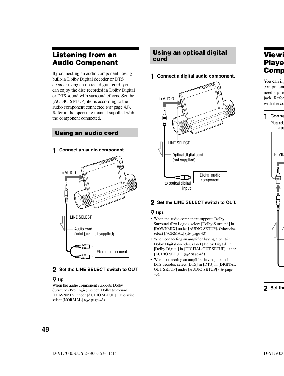 Viewi playe comp, Listening from an audio component, Using an audio cord | Using an optical digital cord | Sony D-VE7000S User Manual | Page 48 / 60