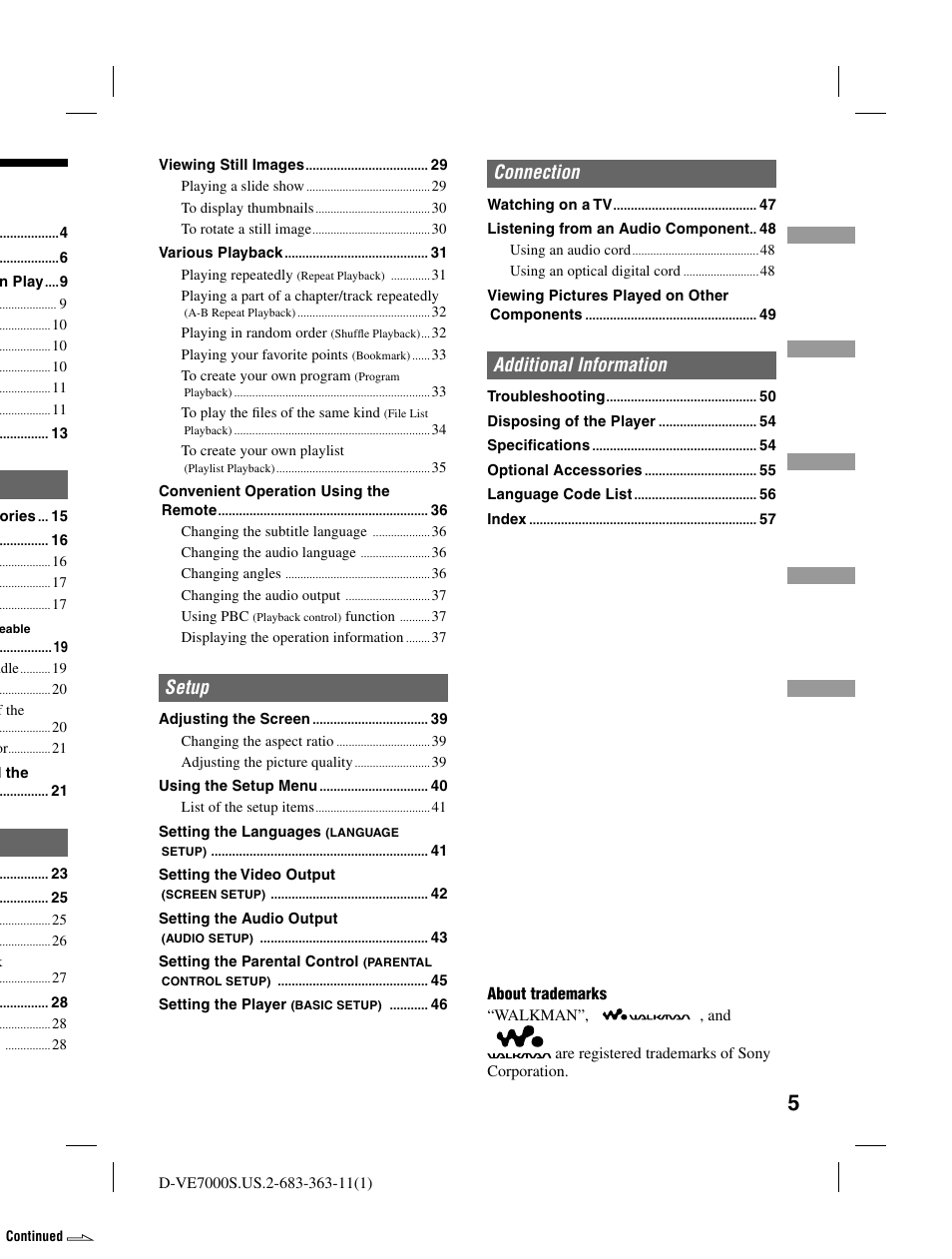 Connection, Additional information, Setup | Sony D-VE7000S User Manual | Page 5 / 60