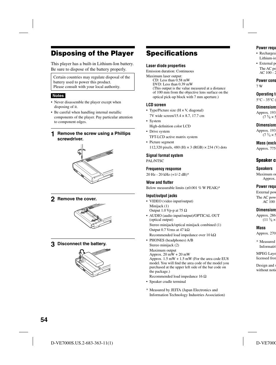 Disposing of the player, Specifi cations | Sony D-VE7000S User Manual | Page 54 / 60