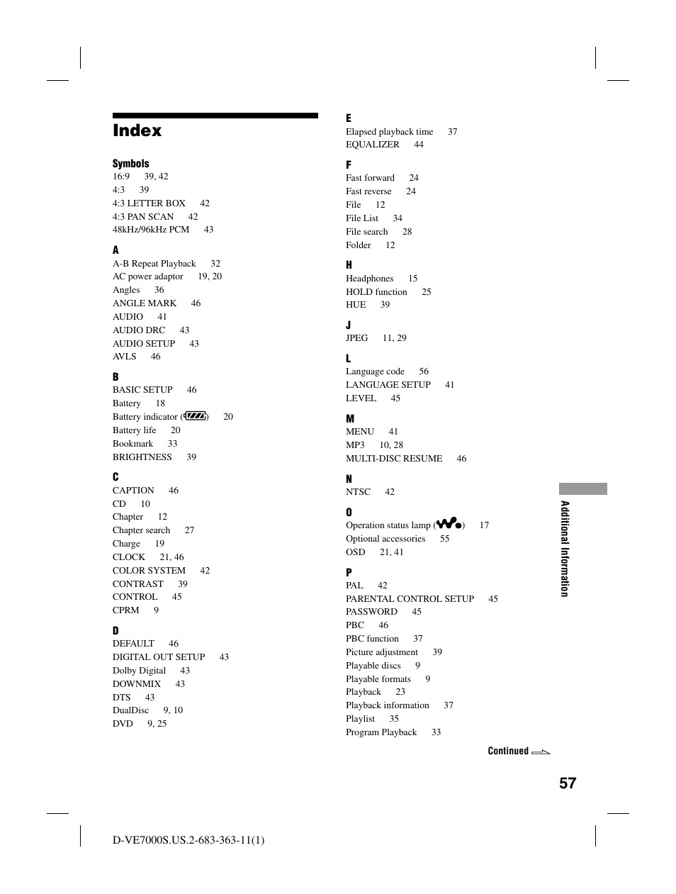 Index | Sony D-VE7000S User Manual | Page 57 / 60