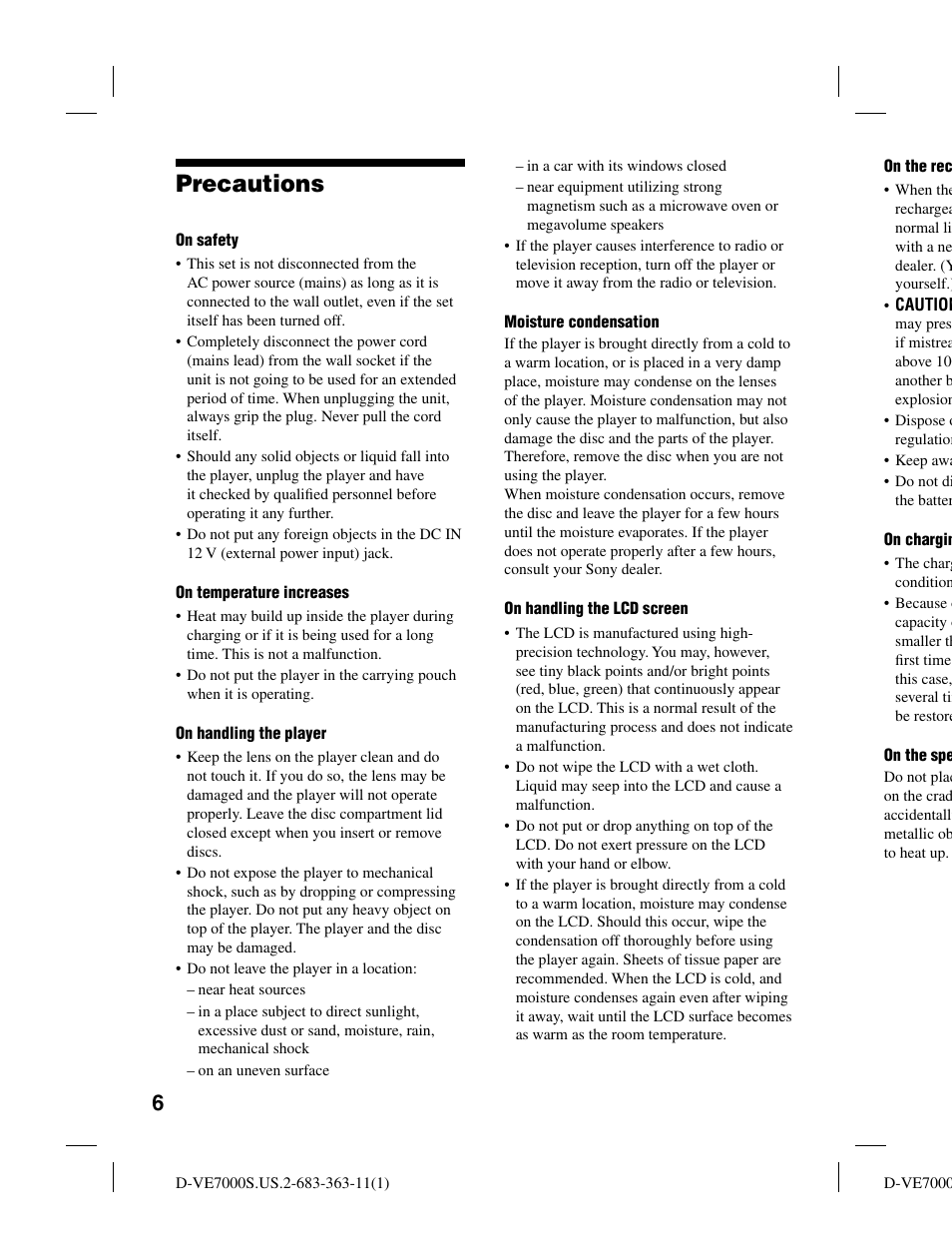 Precautions | Sony D-VE7000S User Manual | Page 6 / 60