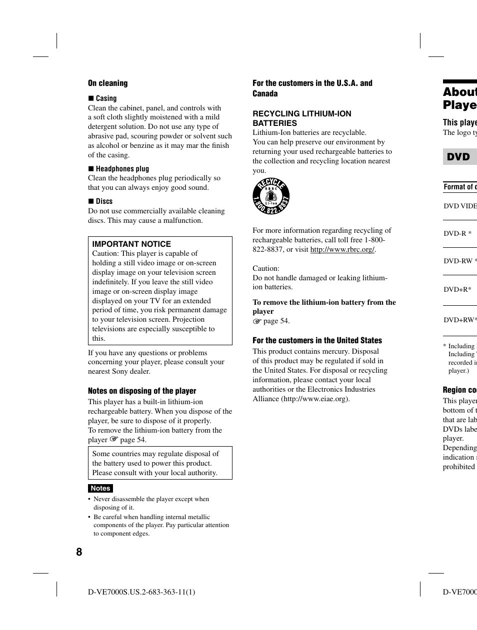 About playe | Sony D-VE7000S User Manual | Page 8 / 60