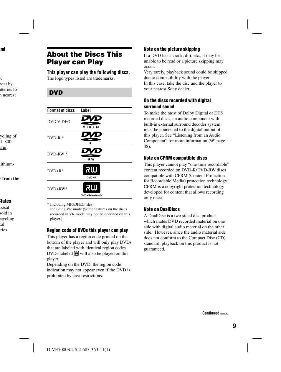 About the discs this player can play | Sony D-VE7000S User Manual | Page 9 / 60