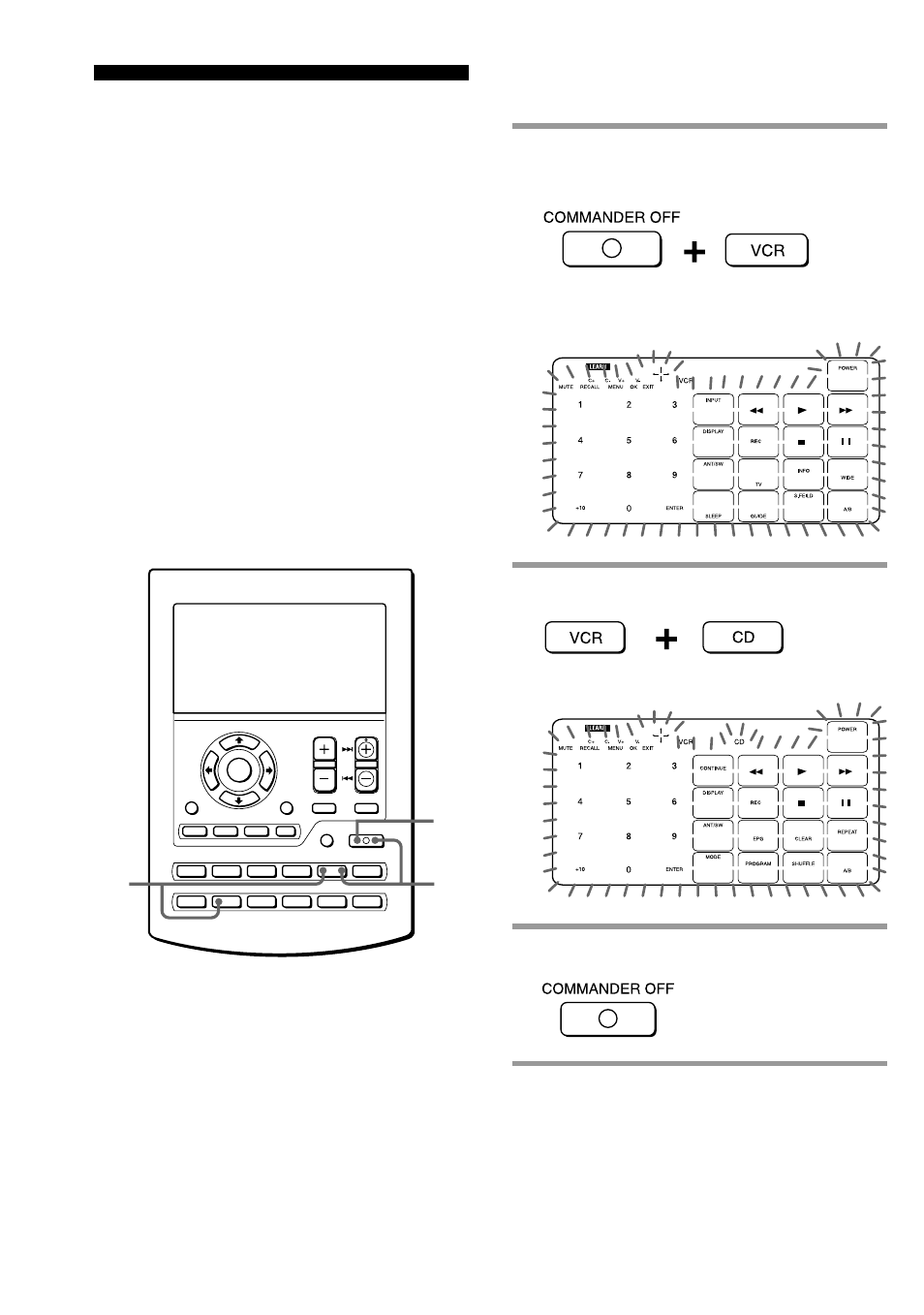 While pressing commander off, press vcr, While pressing vcr, press cd, Press commander off | The keys for that component (vcr) flash, The keys for cd flash | Sony RM-AV2500 User Manual | Page 34 / 76