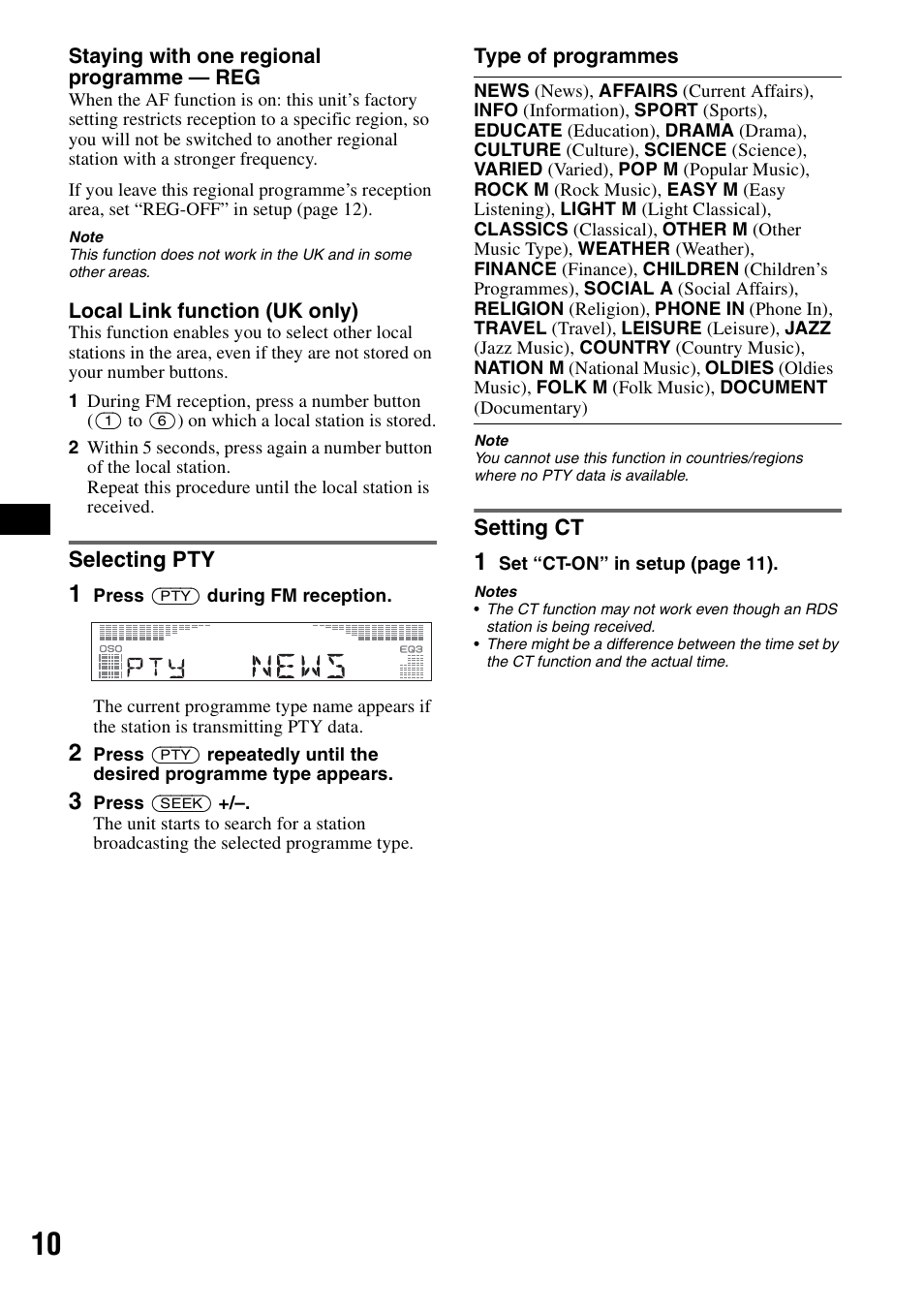 Selecting pty, Setting ct, Selecting pty setting ct | Sony CDX-R450 User Manual | Page 10 / 100