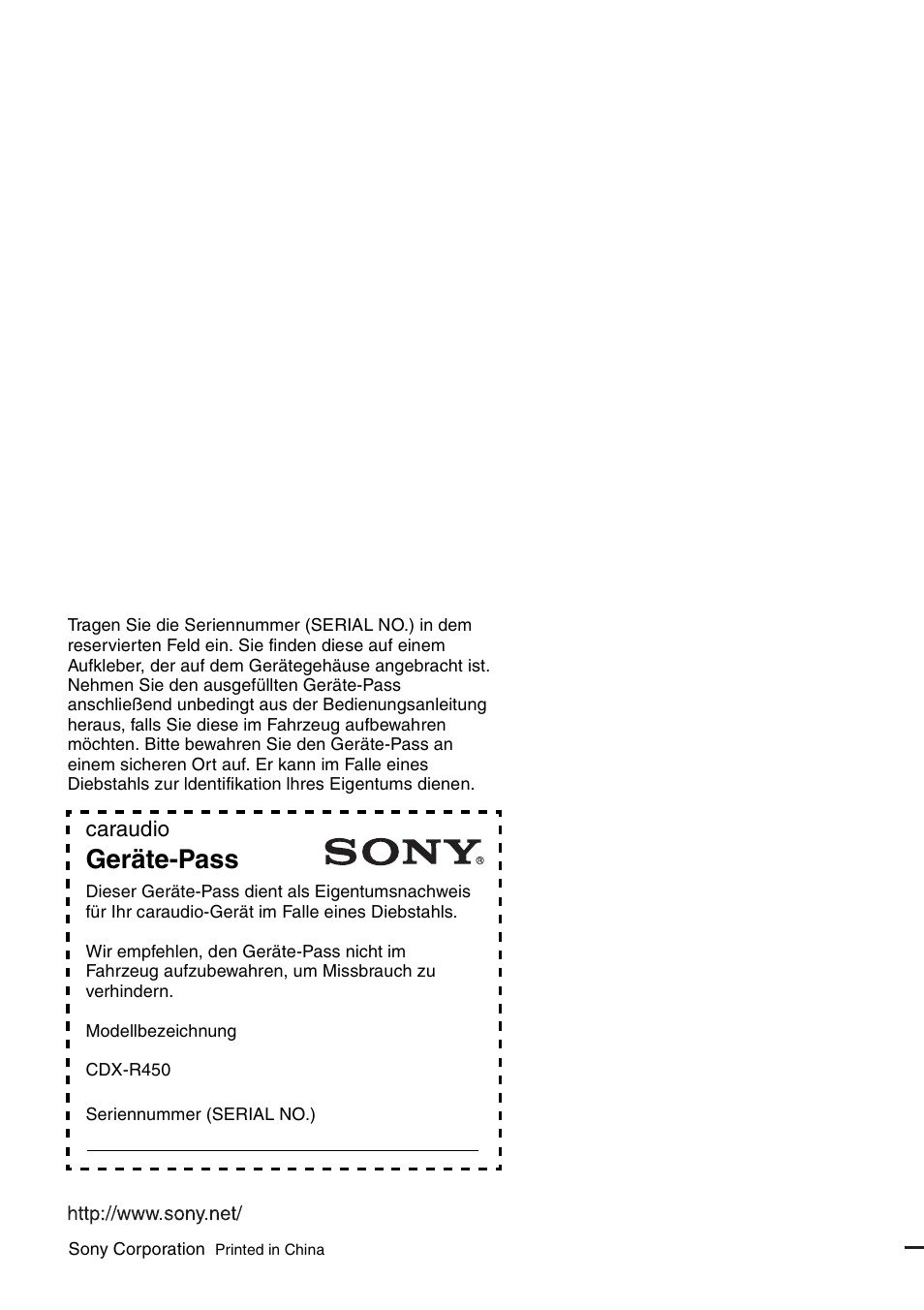 Geräte-pass, Caraudio | Sony CDX-R450 User Manual | Page 100 / 100