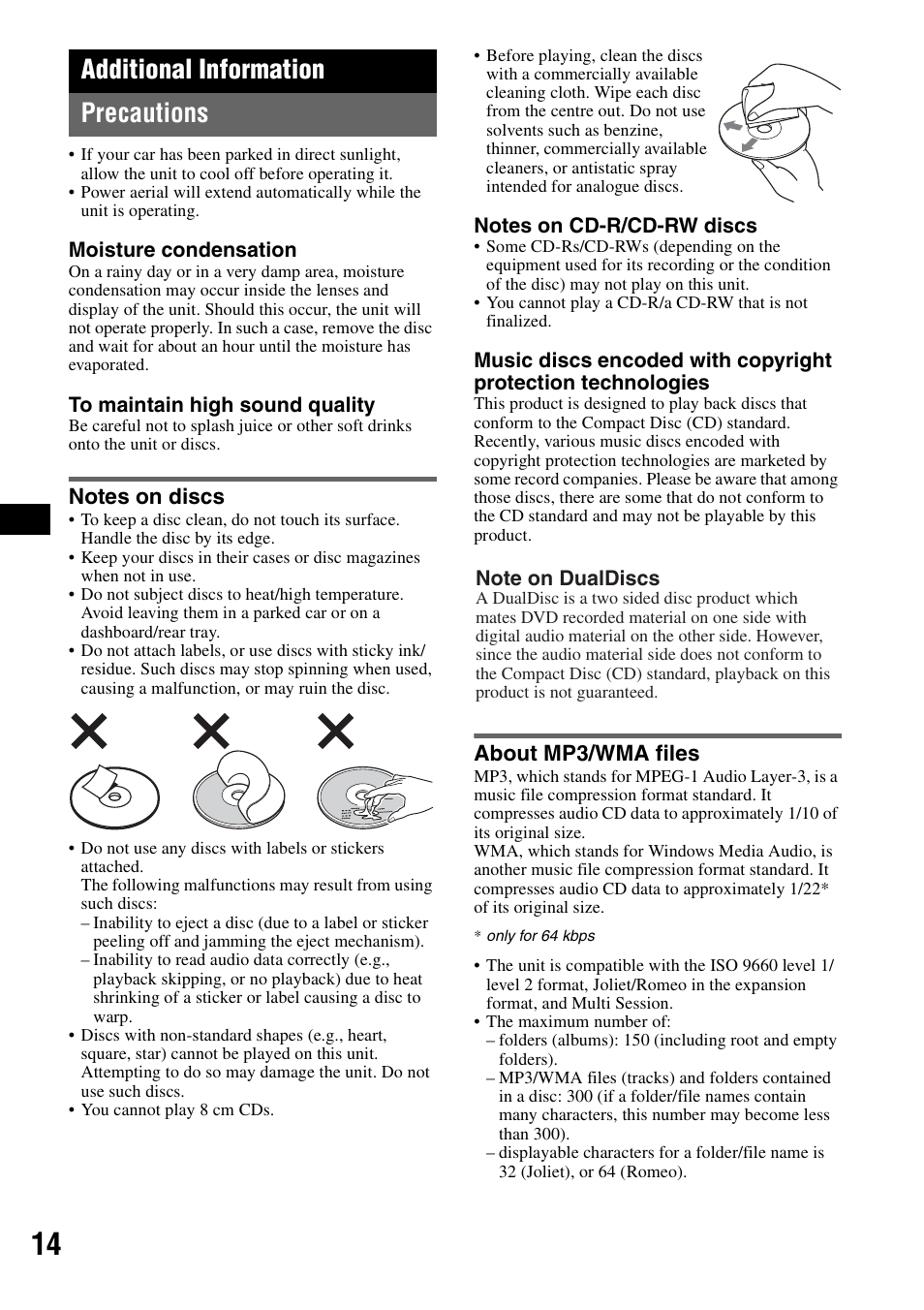 Additional information, Precautions, Notes on discs | About mp3/wma files, Notes on discs about mp3/wma files, Additional information precautions | Sony CDX-R450 User Manual | Page 14 / 100